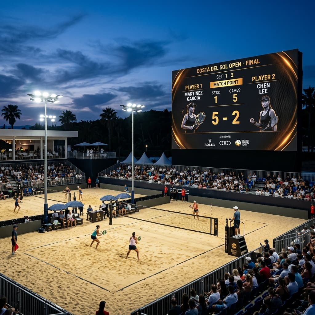 Arena de Beach Tennis com telão exibindo placar ao vivo